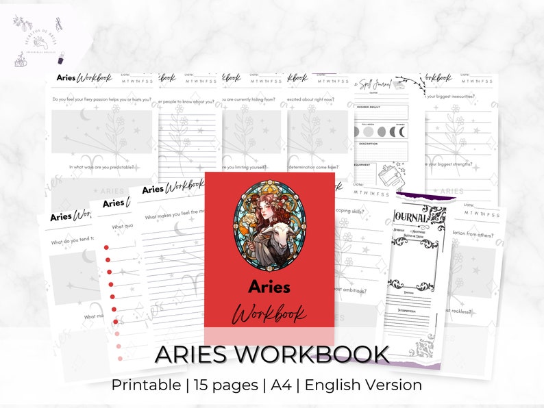 May include: A printable Aries workbook with 15 pages. The cover features a red background with a stained glass illustration of a woman with a lamb. The title "Aries Workbook" is printed in white text.