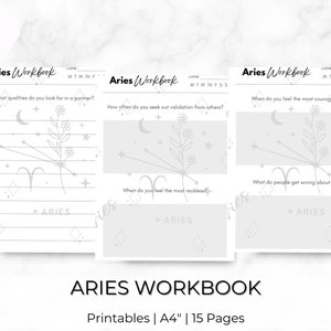 May include: A printable workbook for the zodiac sign Aries. The workbook has three pages with prompts for self-reflection. Each page features a stylized illustration of the Aries constellation with stars and flowers.