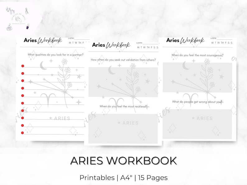 May include: A printable workbook for the zodiac sign Aries. The workbook has three pages with prompts for self-reflection. Each page features a stylized illustration of the Aries constellation with stars and flowers.