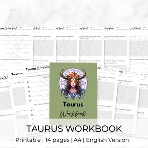 Puede incluir: Un libro de trabajo de Tauro imprimible con 14 páginas. La portada presenta un fondo verde con una ilustración estilizada de una mujer con cuernos de toro y una corona floral. El texto "Taurus Workbook" está impreso en blanco.