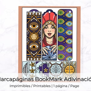 Puede incluir: Conjunto de marcapáginas imprimibles con un tema místico. Los marcapáginas presentan a una mujer con una bola de cristal, un sol con cara, un ojo y un patrón de ojos. El texto "Marcapáginas BookMark Adivinación Imprimibles / Printables | 1 página / Page" está en la parte inferior de la imagen.