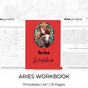 May include: A printable workbook for the zodiac sign Aries. The cover features a red background with a stained glass illustration of a woman with red hair and a lamb. The title "Aries Workbook" is written in black text.