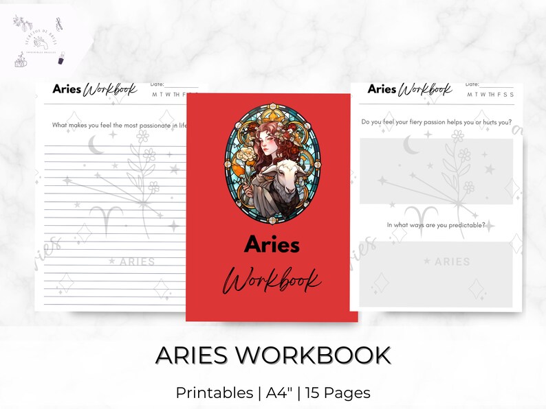 May include: A printable workbook for the zodiac sign Aries. The cover features a red background with a stained glass illustration of a woman with red hair and a lamb. The title "Aries Workbook" is written in black text.