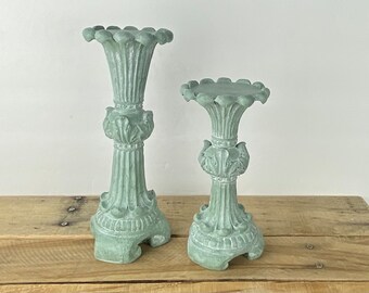 Set of 2 Ornate Pillar Candle Holders Painted Green with White Accents 10" and 8"