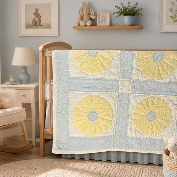 Vintage Handmade Baby Quilt Blue and White with Yellow Flowers 40" x 56"