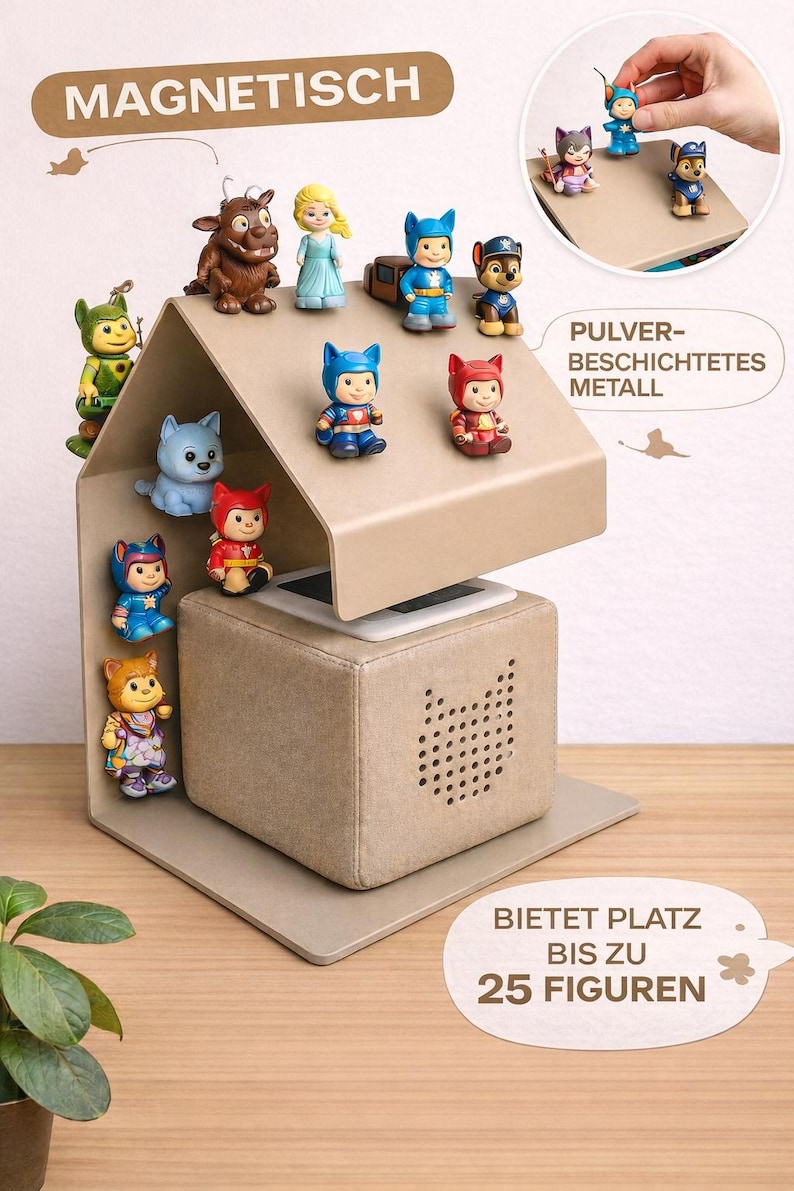 May include: A beige magnetic display case with various colorful figurines. The case has a house-like shape with multiple levels. The text "MAGNETISCH" is at the top. The case can hold up to 25 figurines.