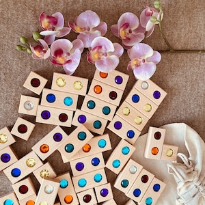 Montessori Sparkle bricks Building blocks Wood Glittering stones
