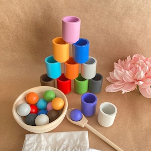 Balls in Cups Montessori Game Wooden Sorting Game 12 Balls 30 mm Age 1 Color image 1