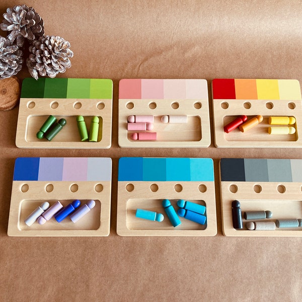 Jeu Montessori en bois pour apprendre et distinguer les nuances de couleurs. Trier les couleurs. Apprentissage des couleurs