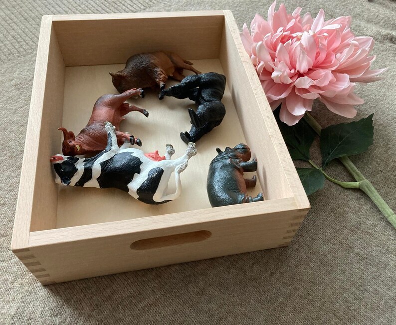 May include: A wooden box with a variety of animal figurines inside, including a cow, a bull, a hippopotamus, a rhino, and a black bear. The box is made of light wood and has a handle on the front.