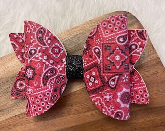 Red Bandana Hair Bow – Western Paisley Bow – Cowgirl and Rodeo Hair Accessory for Girls and Toddlers