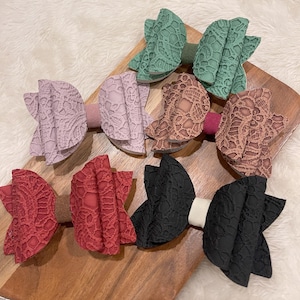 Embossed Pattern Hair Bows - Elegant Red, Green, Purple, and Black Colors