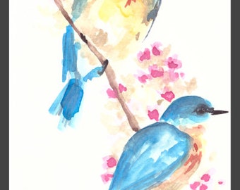 ブルーバード水彩画：春の桜（デジタルダウンロード） - Etsy 日本
