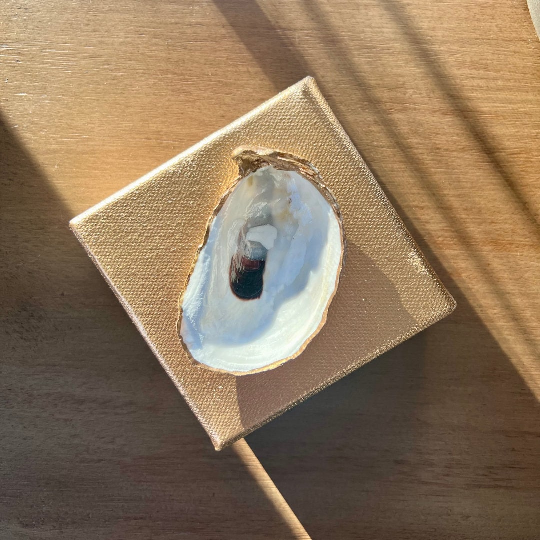 Gold Oyster Art Canvas, Oyster Shell Artwork Canvas, Coastal Wall Art