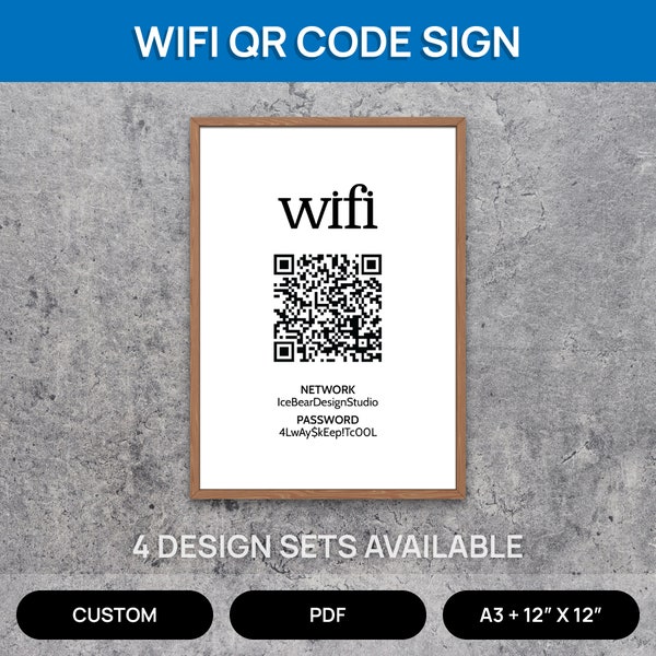 Printable WiFi QR Code Sign - Custom - A3 A4 A5 12x12- Airbnb Rental Hotel Pub Bar Restaurant Guest Home Salon Shop - Scan Network Password