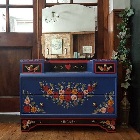 Vintage Harris Lebus Dresser Hand-painted With Roses and Castles