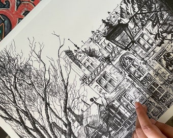 Gonville & Caius College Cambridge (Tree Court) | Signed, Numbered ART PRINT of Handmade Pen Sketch  | Highly Detailed, Black and White