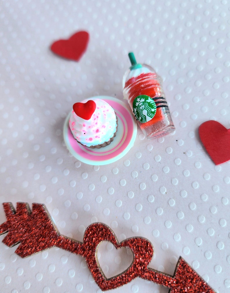 Maileg Sized Play Food...Heart Poptart or Cupcake and drink Valentines Miniature Dollhouse . Tiny mouse Valentine clothes food image 6