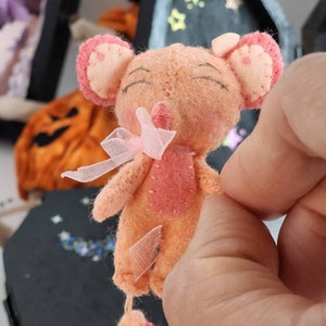 Boo Bash... Baby Mouse in coffin bed with tiny sleeping bag. Miniature Dollhouse. Tiny Halloween mouse clothes