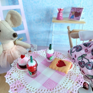 Maileg Sized Play Food...Heart Poptart or Cupcake and drink Valentines Miniature Dollhouse . Tiny mouse Valentine clothes food image 1