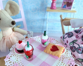 Maileg Sized Play Food...Heart Poptart or Cupcake and drink Valentines Miniature Dollhouse . Tiny mouse Valentine clothes food