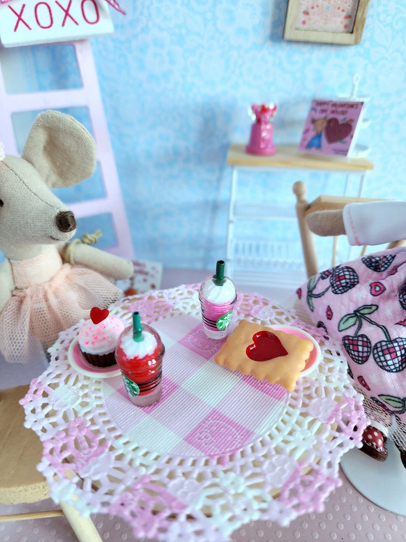 Maileg Sized Play Food...Heart Poptart or Cupcake and drink Valentines Miniature Dollhouse . Tiny mouse Valentine clothes food image 1