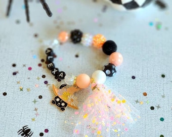 Boo Bash Kitty Witch Bracelet, Custom Personalized Child Name Halloween Bracelet for Boo Basket, Girl Charm Bracelet, Bubblegum Beads Fall