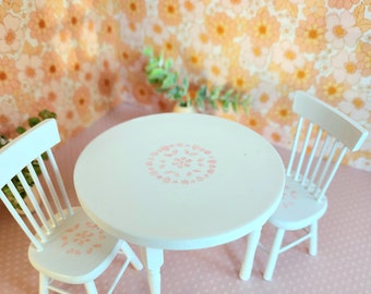 Mini table and two chairs. Miniature Dollhouse.