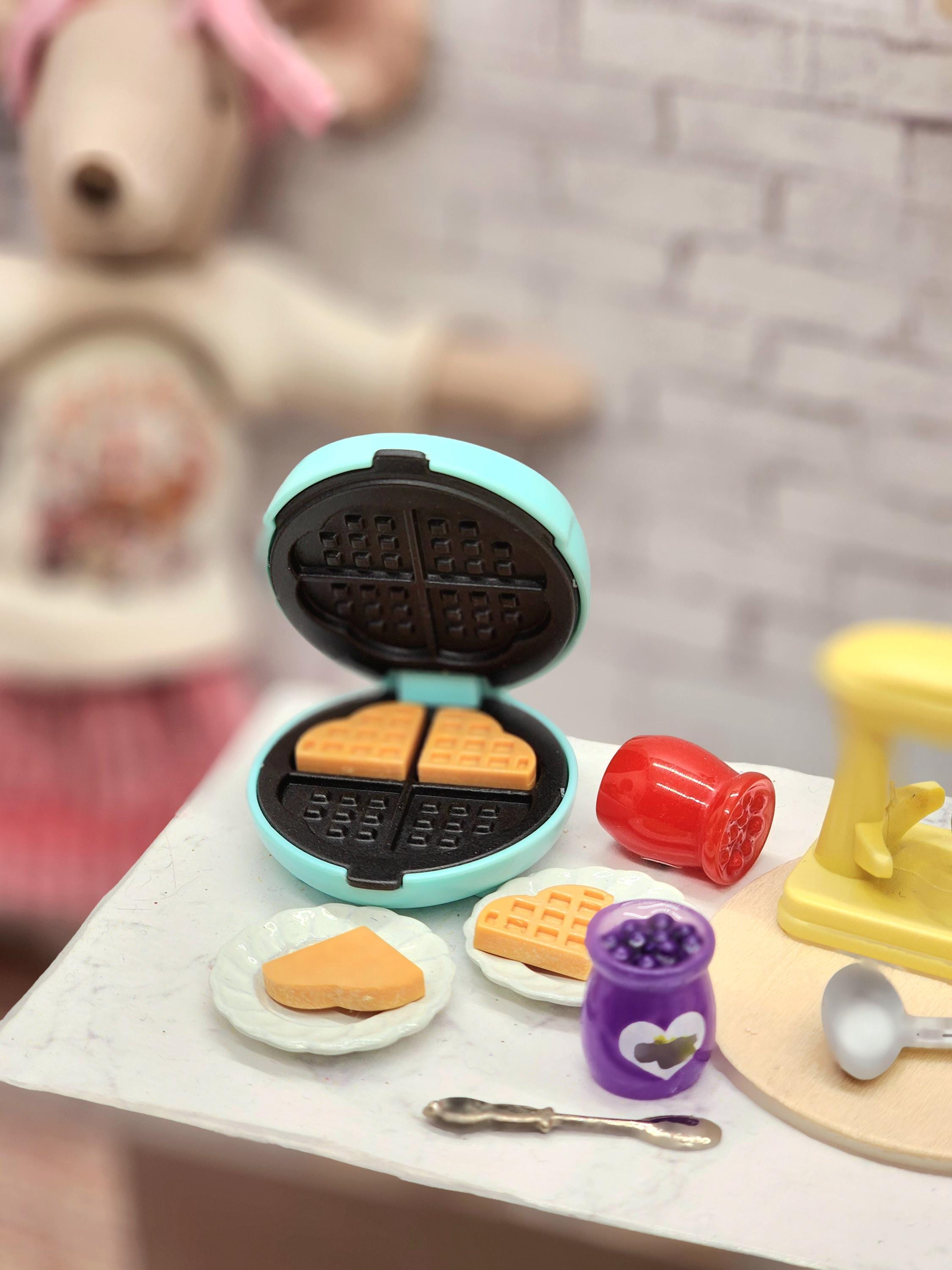 Maileg sized Play Food... Waffle Maker, waffles, tea towel. Miniature Dollhouse Christmas. Tiny mouse clothes food Elf Snacks