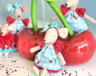Cherry Sweet... Red, White, Blue Dress Outfit will fit Maileg Big Sister and Little Sister Clothes Miniature Dollhouse. Tiny mouse clothes