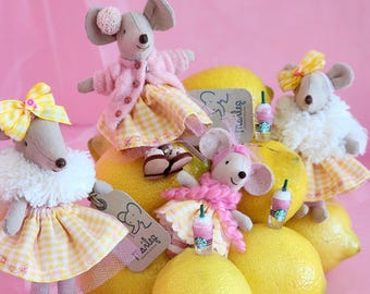 Sweet Pink Lemonade Party Outfits will fit Maileg Big/Little Sister and baby Clothes Miniature Dollhouse. Tiny mouse Gingham Summer Outfit
