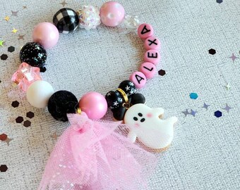 Boo Bash Ghost Bracelet, Custom Personalized Child Name Halloween Bracelet for Boo Basket, Girl Charm Bracelet, Bubblegum Beads Fall Autumn