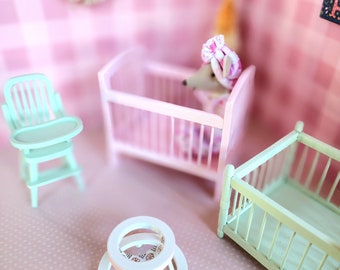 Mini wooden baby crib painted or unfinished. Miniature Dollhouse.