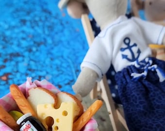Maileg sized Picnic Basket, Hamburger, Beach snacks, and Ice Cream Miniature Dollhouse. Tiny mouse Easter Snacks Play Food drink