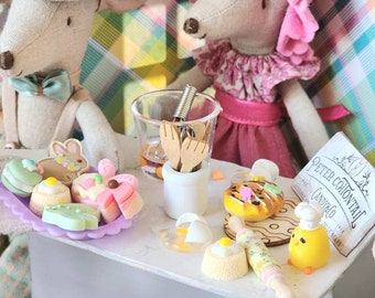 Maileg sized baking utensils, party snacks, and radio Miniature Dollhouse. Tiny mouse Easter Snacks Play Food drink