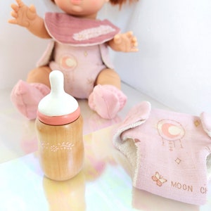 Baby Doll Wooden Baby Bottle | Milk | Juice Minikane or other  Baby Dolls. 13 inch Doll Clothes. Great gift toy for Big Sister Brother