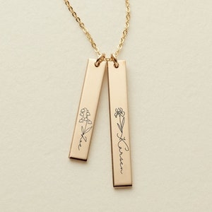 Personalized Birth Flower Name Necklace: Sterling Silver Bar Pendant