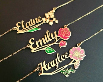 Personalized Birth Flower Necklace Custom Name Necklace Floral Name Necklace Custom Christmas gift, Birthday Gifts Personalized Gift For Her