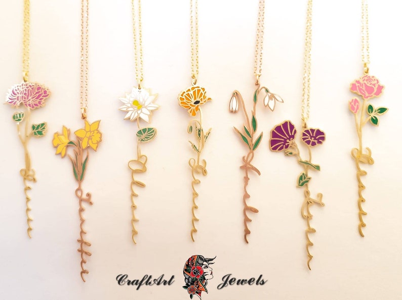 Personalized Birth Flower Necklace Custom Name Necklace Floral image 1