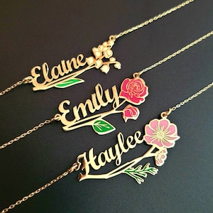 Collier prénom fleur de naissance, collier prénom personnalisé, bijoux prénom floraux, cadeau maman personnalisé, cadeaux d'anniversaire, cadeaux personnalisés pour maman