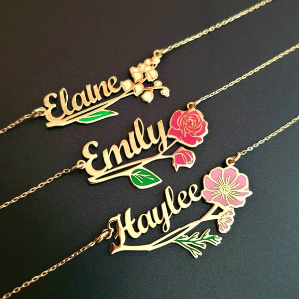 Birth Flower name Necklace Personalized Name Necklace Floral Name Necklace Custom Christmas gift, Birthday,Gifts, Personalized Gifts for her