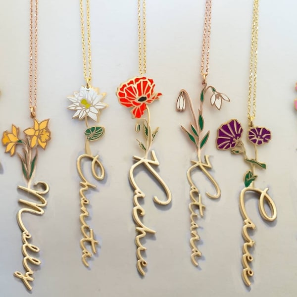 Personalized Birth Flower Name Necklace, Sterling Silver Gold Custom Jewelry, Christmas stocking stuffers gift for her kids or children mom