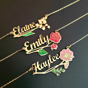 Name Necklace with Birth Flower & Stone Necklace - Nameplate Necklace - Christmas Gift for Women - Necklace with Names Custom Name Necklace