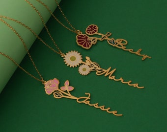 Personalized Birth Flower Name Necklace: Sterling Silver Floral Jewelry Christmas gifts