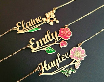 Dainty Name Necklace with Birth Flower, Personalized Name Necklace, Custom Gold Name Jewelry, Birthday Gift for Her, Bridesmaid Gift