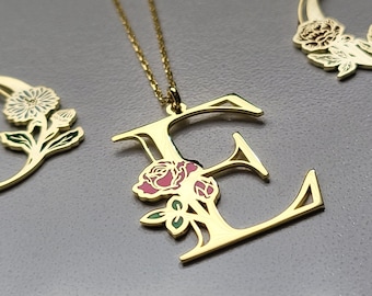 Collier initial personnalisé avec cadeau de fleur de naissance pour son collier minimaliste personnalisé Nom pendentif Bijoux, cadeaux de Noël personnalisés