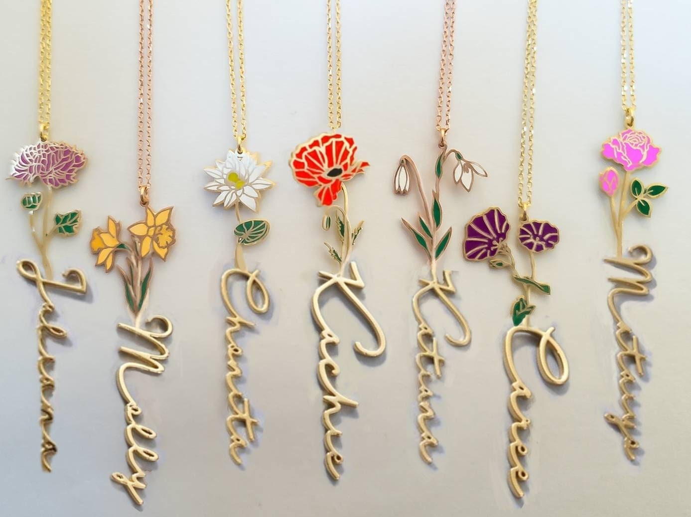 Personalized gift Flower Name Necklace Handmade Silver Gold, baby shower gift, Jewelry Custom stocking stuffers Christmas Xmas Gift for her