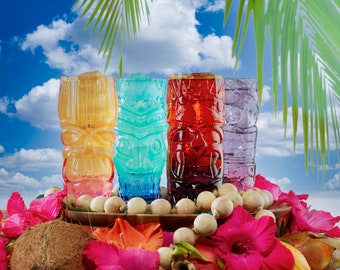 Burns Glass designed brightly colored Embossed 16 fl. oz. Tiki Glasses, 2 colors per glass, 4 unique color patterns.