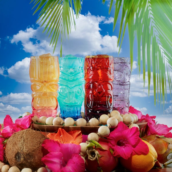 16oz Embossed Tiki Glasses - 2 colors per glass with 4 unique color patterns.
