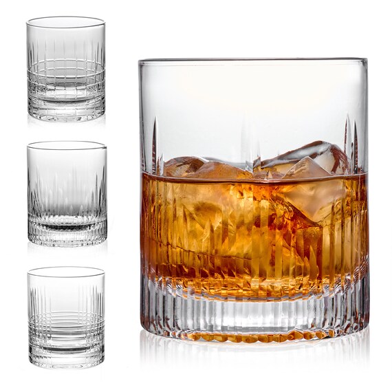Whiskey Glasses Set Of 2 - 12 Oz Crystal Old Fashioned Glasses - Diamond-Cut Ribbed Bourbon Glasses For Scotch, Cognac, Cocktails